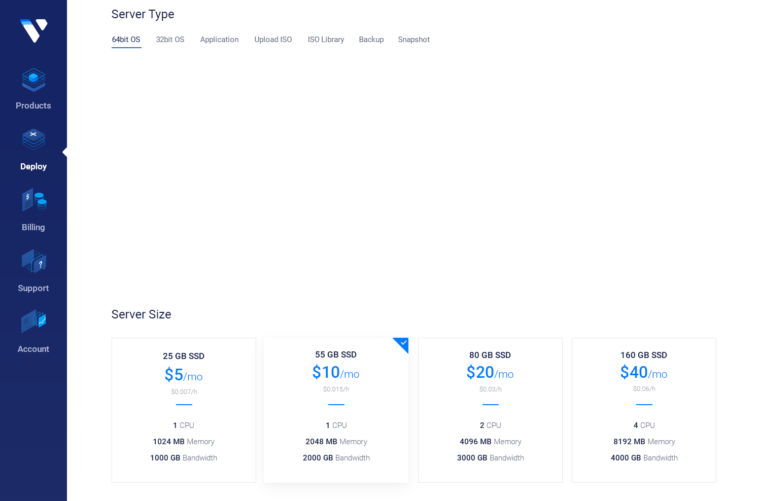 Preview of the Vultr server deploy page control panel for Debian on a web browser.